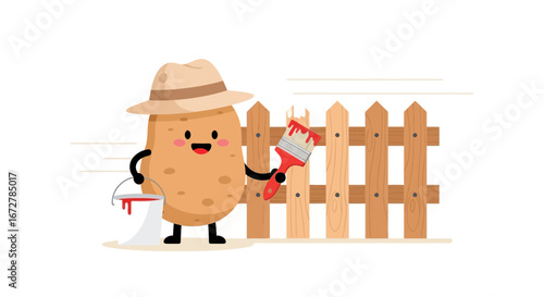 Cheerful Potato Character Painting a Wooden Fence with Brush and Bucket