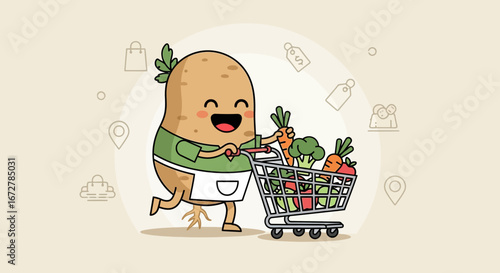 Cheerful Potato Character Shopping with Fresh Produce in a Supermarket Cart