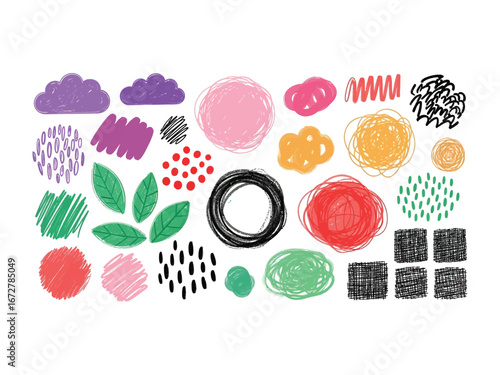 Colorful Scribbles: A collection of hand-drawn graphic elements, blending playful textures and bright colors, ideal for adding a creative touch to design projects. 