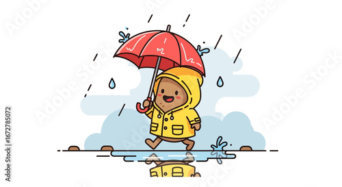 Cheerful Potato Character With Umbrella In Rainy Weather Is Walking In The Puddle