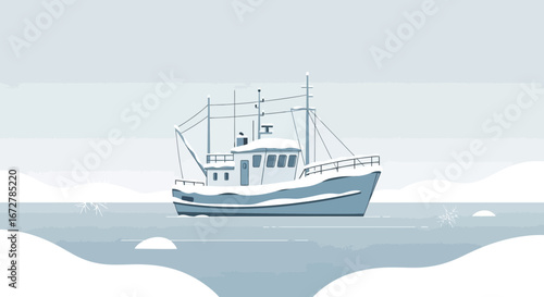 Winter Maritime Scene Featuring a Fishing Vessel Amidst a Snowy Environment