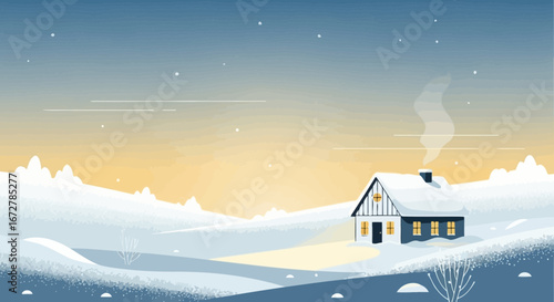 Winter Scene Illustration Showcasing Cozy House in Snowy Landscape at Dusk with Subtle Stars
