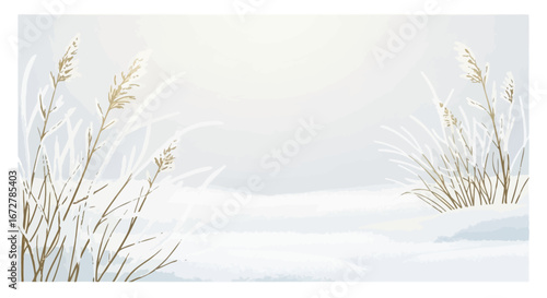 Winter's Whispers: A Serene Depiction of Snowy Fields and Delicate Grasses