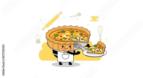 Cheerful Quiche Presenting Character, Perfect For Culinary Content and Graphic Design