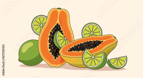 Vibrant Tropical Fruits: Papaya And Lime Slices Composition Against A Neutral Backdrop