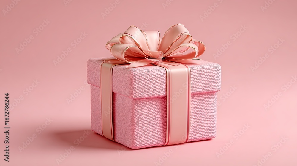Fototapeta premium Elegant pink gift with a matching bow on a pink background. A perfect present for special occasions, symbolizing care and affection.