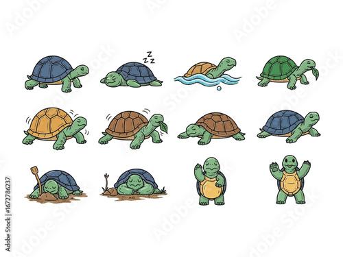 Turtle's Variety: A whimsical array of meticulously crafted illustrations unveils the diverse and endearing world of the turtle, showcasing each with unique posture and expression.