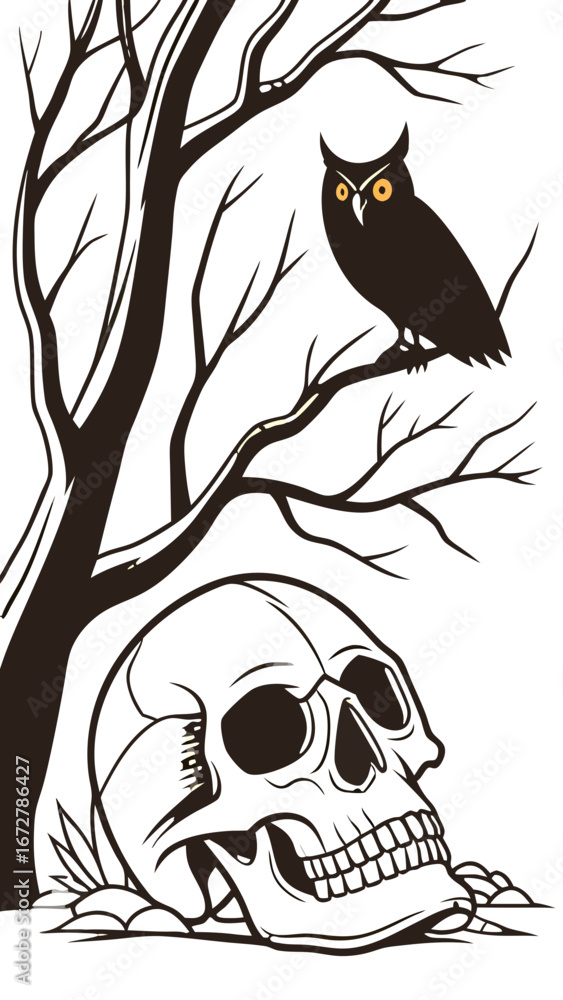 Fototapeta premium Halloween Owl and Skull Silhouette with Glowing Eyes Mobile Wallpaper Size 
