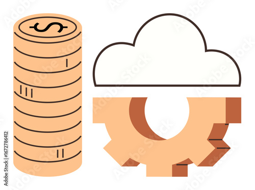 Coin stack, cloud, gear connected to depict financial technology, cloud services, economy, operations, and systems. Ideal for innovation, automation fintech economy startups investment