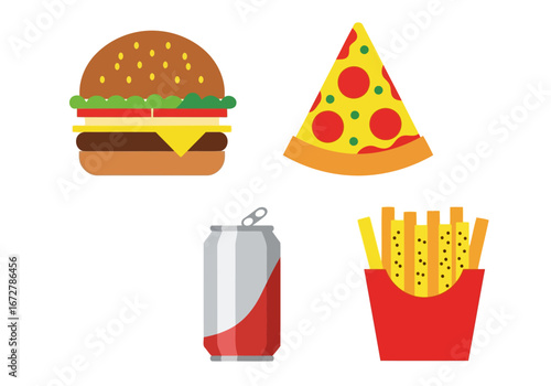 Delicious Food Set Burger, Pizza, Soda, and Fries in a Vibrant Flat Design