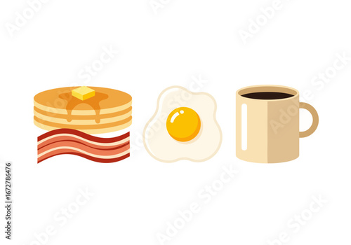 Delicious Breakfast Set Pancakes, Bacon, Egg, and Coffee