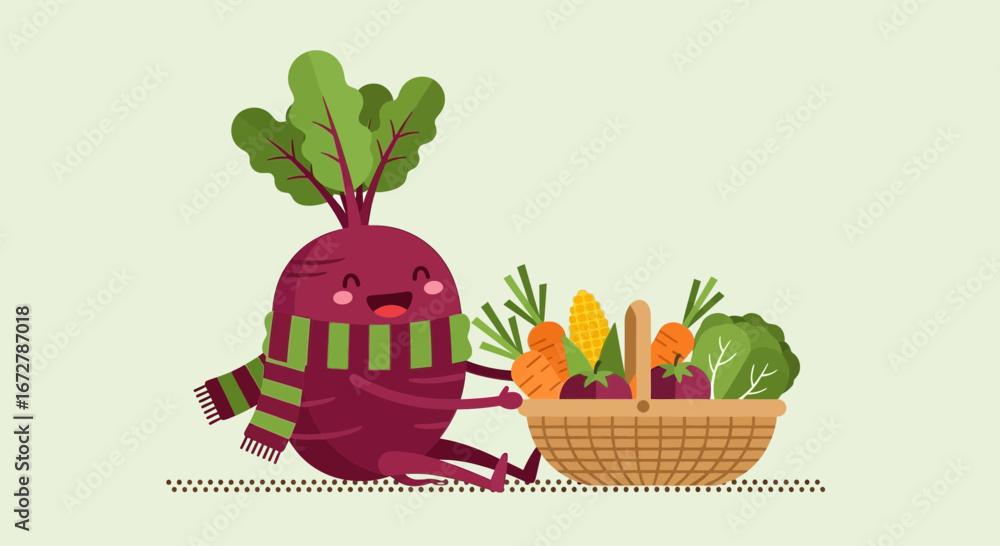 Fototapeta premium Cheerful Root Vegetable Hugging a Basket of Fresh Produce, Friendly Illustration