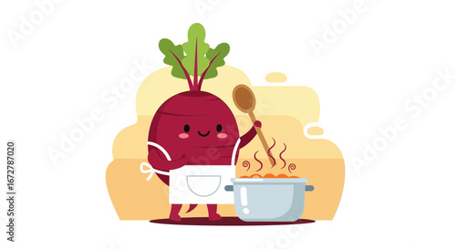 Cheerful Root Vegetable Chef Creating Appetizing Dish with a Wooden Spoon Carefully