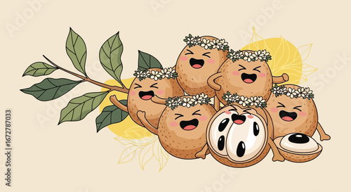 Cheerful Sapodilla Fruits with Floral Wreaths on a Cream Background Vector Art