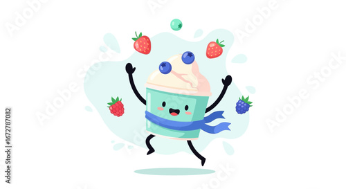 Cheerful Smoothie Cup Juggling Berries While Jumping Happily In A Cute Cartoon Illustration