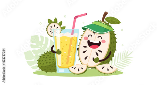 Cheerful Soursop Character Enjoying Tropical Juice, Healthy Beverage Concept Illustration