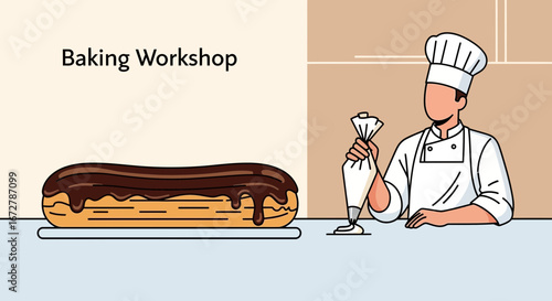 Chef Decorating a Delicious Eclair in this Baking Workshop Illustration