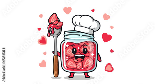 Cheerful Strawberry Jam Character With Chef Hat And Spoon Surrounded By Love Hearts