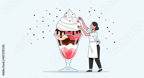 Chef Decorating Exquisite Dessert Sundae With Berries And Sweet Cream Creation