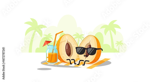 Cheerful Summer Vacation With Funny Longan Fruit Character Illustration Design