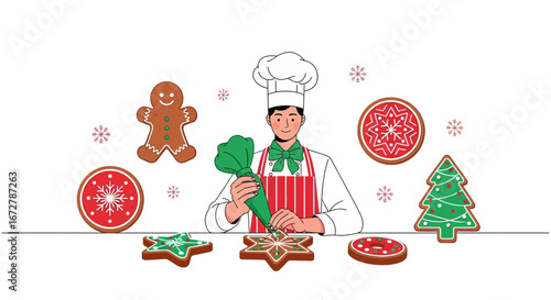 Chef Decorating Festive Gingerbread Cookies For The Holiday Season, Vector Illustration