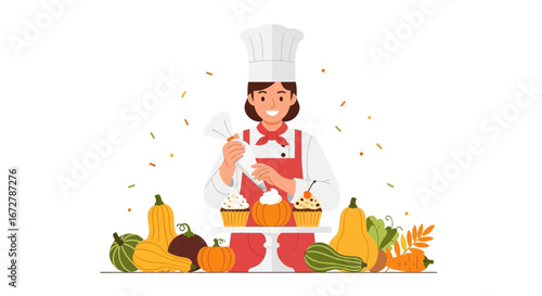 Chef Decorating Pumpkin Cupcakes And Gourds For Seasonal Culinary Decorations