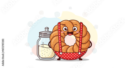 Cheerful Sweet Roll Character With Sugar Jar For Children's Story Illustration