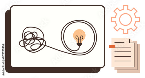 Tangled wire straightening towards lightbulb, symbolizing problem-solving, next to gear and stacked documents. Ideal for creativity, innovation, productivity, organization, focus, solutions