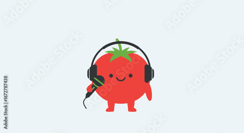 Cheerful Tomato Character Singing Into Microphone, Wearing Headphones, Isolated On White Background