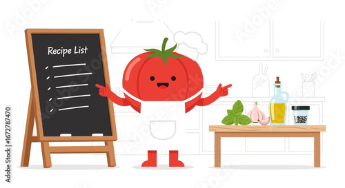 Cheerful Tomato Chef Presents a Recipe List and Fresh Ingredients in a Kitchen Setting