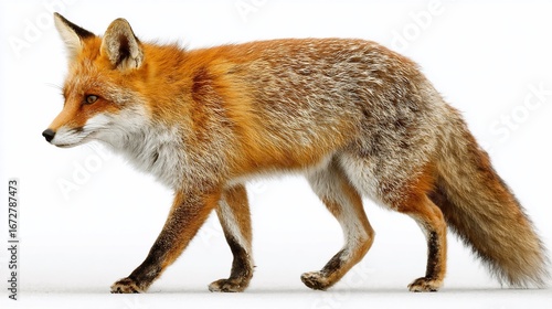 Red fox walks, facing left, in profile view on a white background