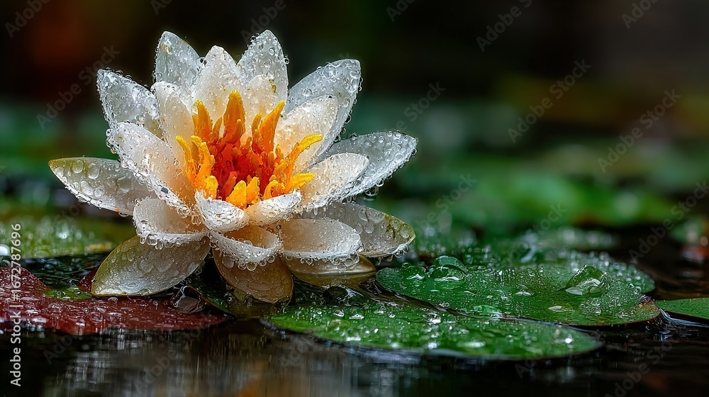 custom made wallpaper toronto digitalWhite water lily flower with orange center on lily pads with water droplets.