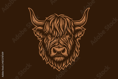 illustration of a highland cow's head on a dark background