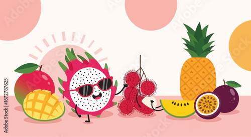 Cheerful Tropical Fruit Characters Smiling and Displaying Summer Delights in Sunny Setting