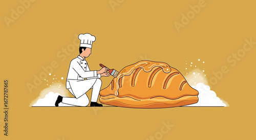 Chef Glazing Golden Baked Pastry With Sweetness, Illustration Showcasing Artistic Baking Process