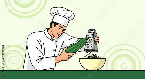 Chef Grating Zucchini Into Bowl Preparing Fresh Ingredients For Culinary Creations
