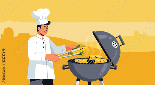 Chef grilling corn on the cob, enjoying outdoor cooking during summer season