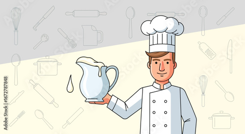 Chef Holding Pouring Creamy Dairy Cream, Cooking, And Kitchen Essentials Illustration