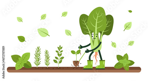Cheerful Vegetable Character Gardening with Green Herbs in Garden
