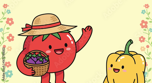 Cheerful Vegetable Characters Welcoming Viewers With Freshly Harvested Eggplants and Bell Pepper