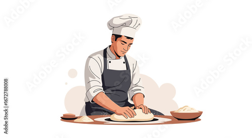 Chef Kneading Dough: A Detailed Illustration of Culinary Expertise and Craftsmanship