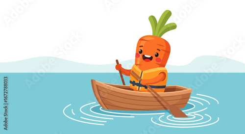 Cheerful Vegetable Embarks on Aquatic Adventure: A Whimsical Animated Carrot in a Boat
