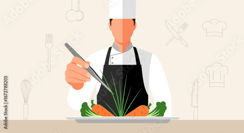 Chef Precisely Arranges Ingredients For Culinary Creation On Elegant Plate Presentation