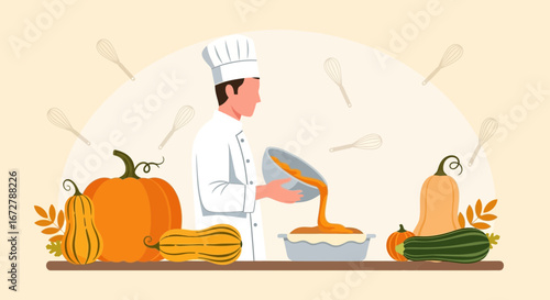 Chef Prepares A Pumpkin Pie Recipe With Gourds And Decorative Elements