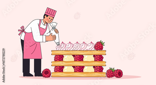 Chef Prepares A Layered Raspberry Pastry In An Illustrated Food Dessert Scene