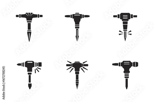 Jackhammer Silhouettes for Construction Demolition and Industrial Projects Set of Black Icons on White Background Modern Design