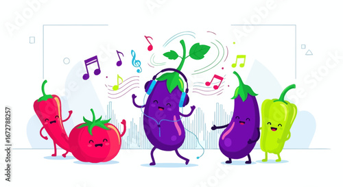 Cheerful Vegetables Dancing And Enjoying Music With Colorful Music Notes Around Them