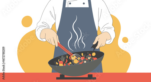 Chef Prepares Delicious Meals by Stir-Frying Ingredients in a Wok with Vibrant Flavors