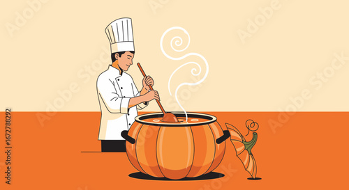 Chef Prepares Delicious Food In A Spooky Pumpkin Pot For The Autumn Season