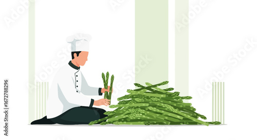 Chef Prepares Fresh Asparagus for Culinary Delights in Kitchen, Preparing For Dish, Cooking